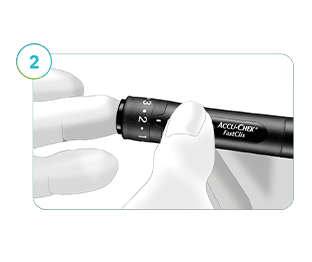 The image depicts a lancing device used on a finger to get a glucose reading to calibrate the Accu-Chek SmartGuide CGM solution