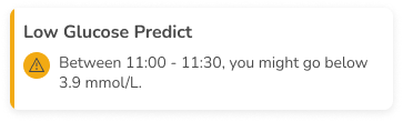 Low Glucose Predict popup warning in the Accu-Chek SmartGuide Predict app.