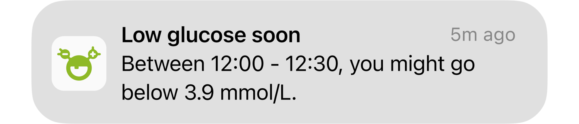“Night low predicted” pop up informing the user of a very high risk of hypoglycemia at night.