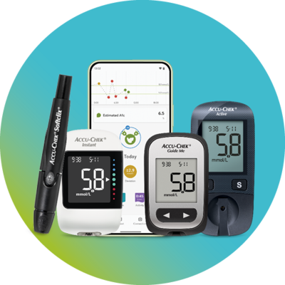 Diabetes management tools displayed: Accu-Chek glucose meters for blood testing.