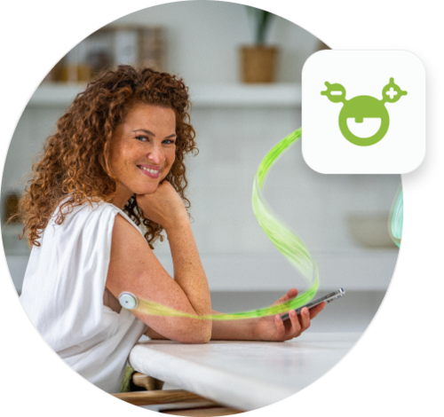 Woman wearing an Accu-Check SmartGuide CGM sensor and using the the mySugr mobile app with satisfaction.